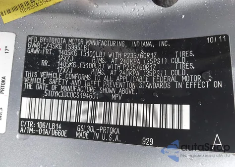 2012 Toyota Sienna Xle V6 8 Passenger from USA, damaged, VIN 5TDYK3DC0CS194601